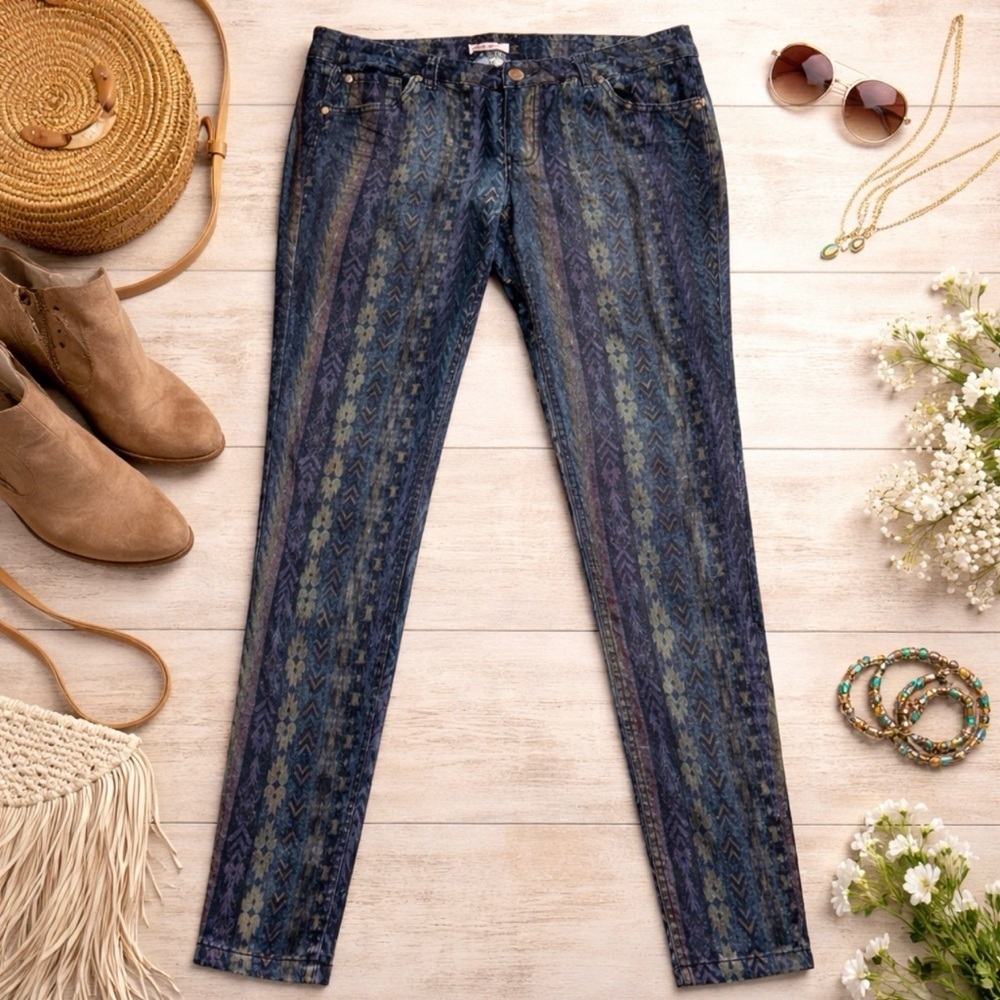 FIRE LOS ANGELES Jeans Pants Tribal Print Skinny STRETCH sz 11 (32 x 30) Muted